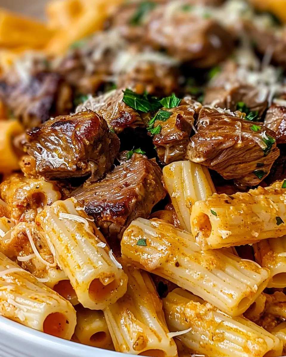 Cajun Steak Tips in Indulgent Cheesy Rigatoni Parmesan Sauce