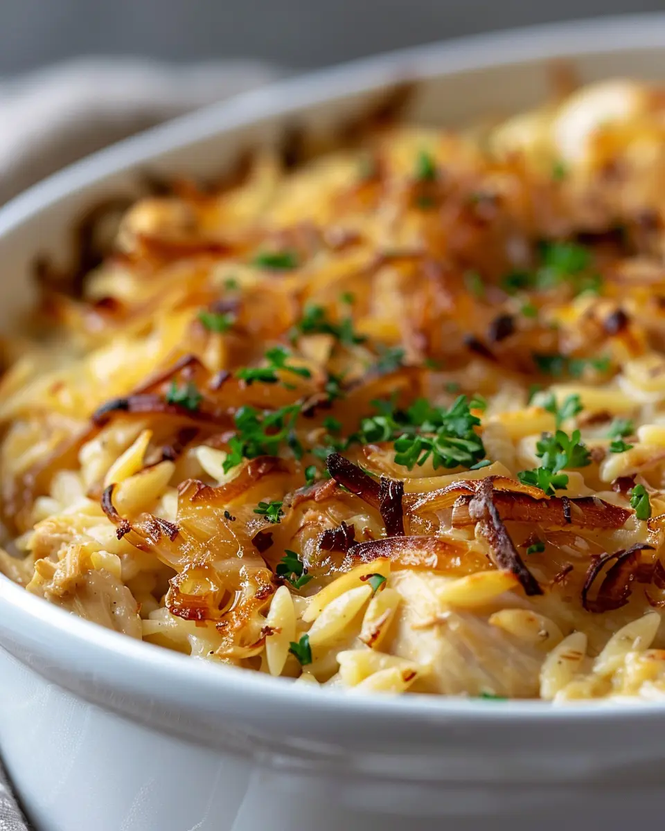 French Onion Chicken Orzo Casserole: Indulgent Comfort Food Delight