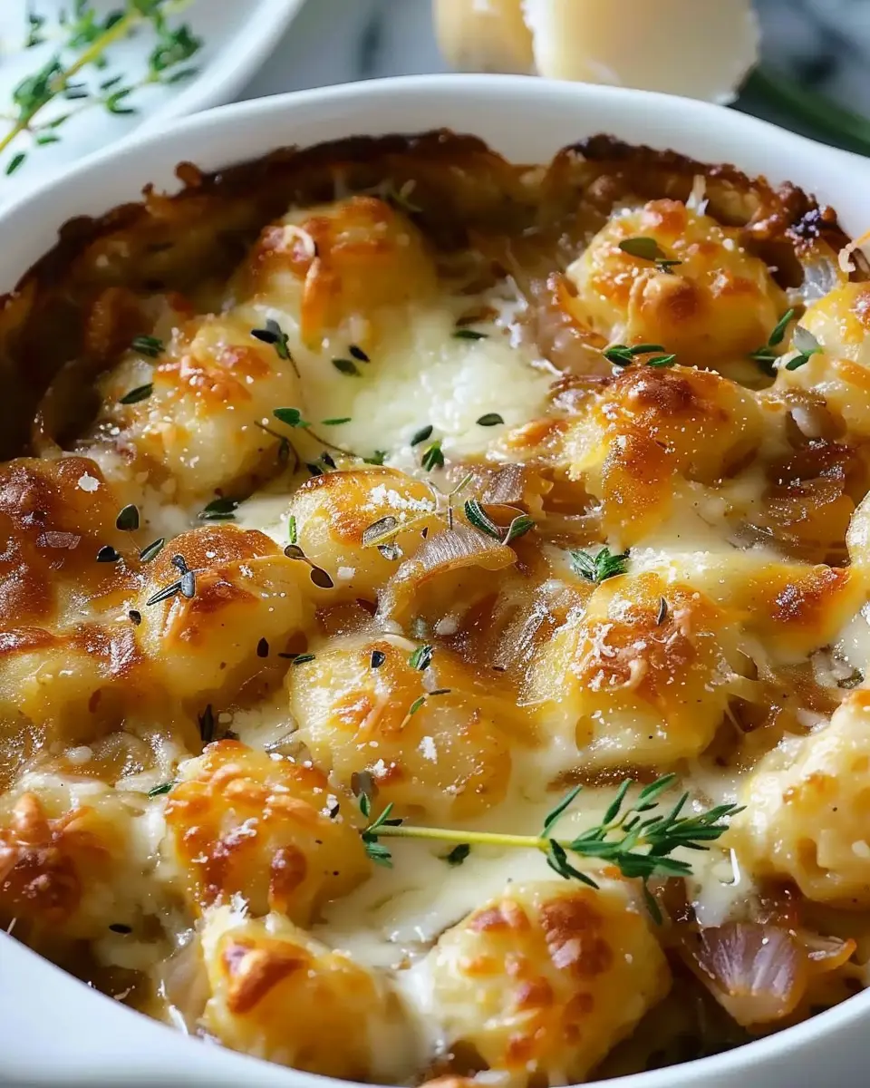 Simple Baked French Onion Gnocchi with Turkey Bacon Twist