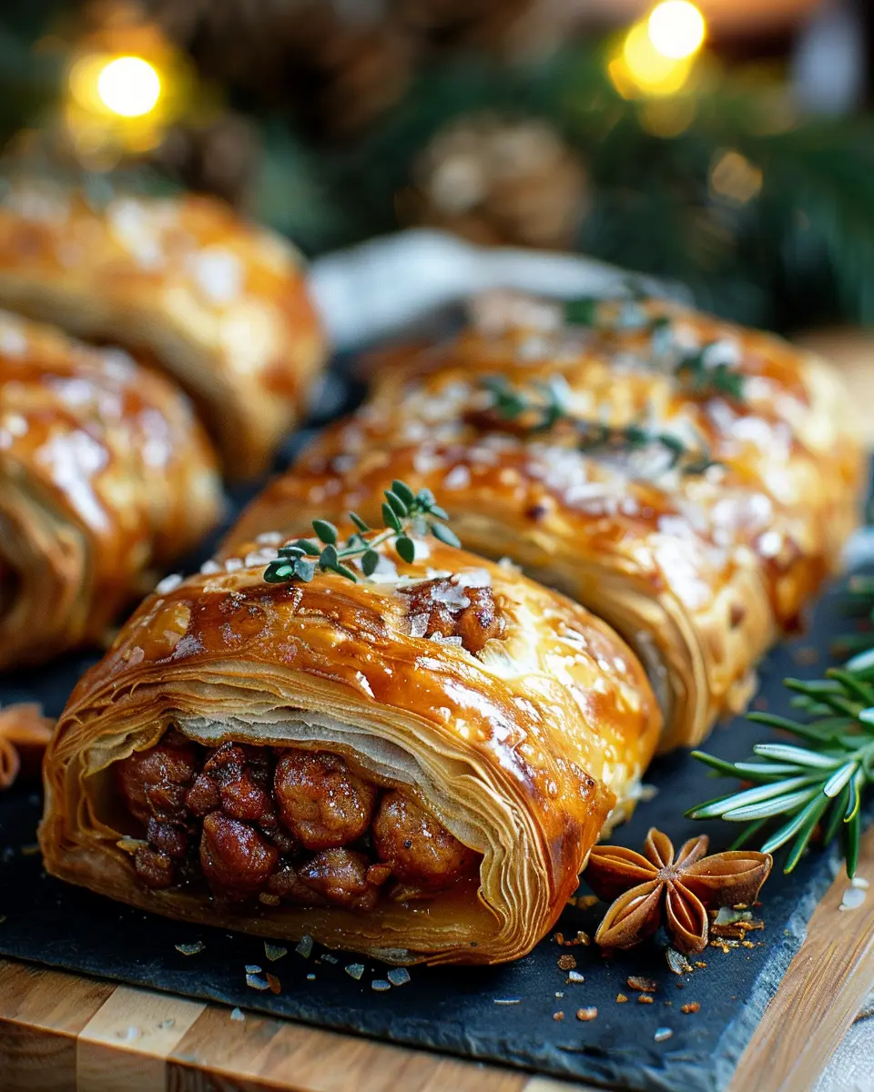 Christmas sausage rolls made with turkey bacon and chicken ham delightfully easy to make