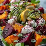 Roasted Beet, Sweet Potato & Avocado Salad with Whipped Ricotta & Lemon-Tahini Drizzle